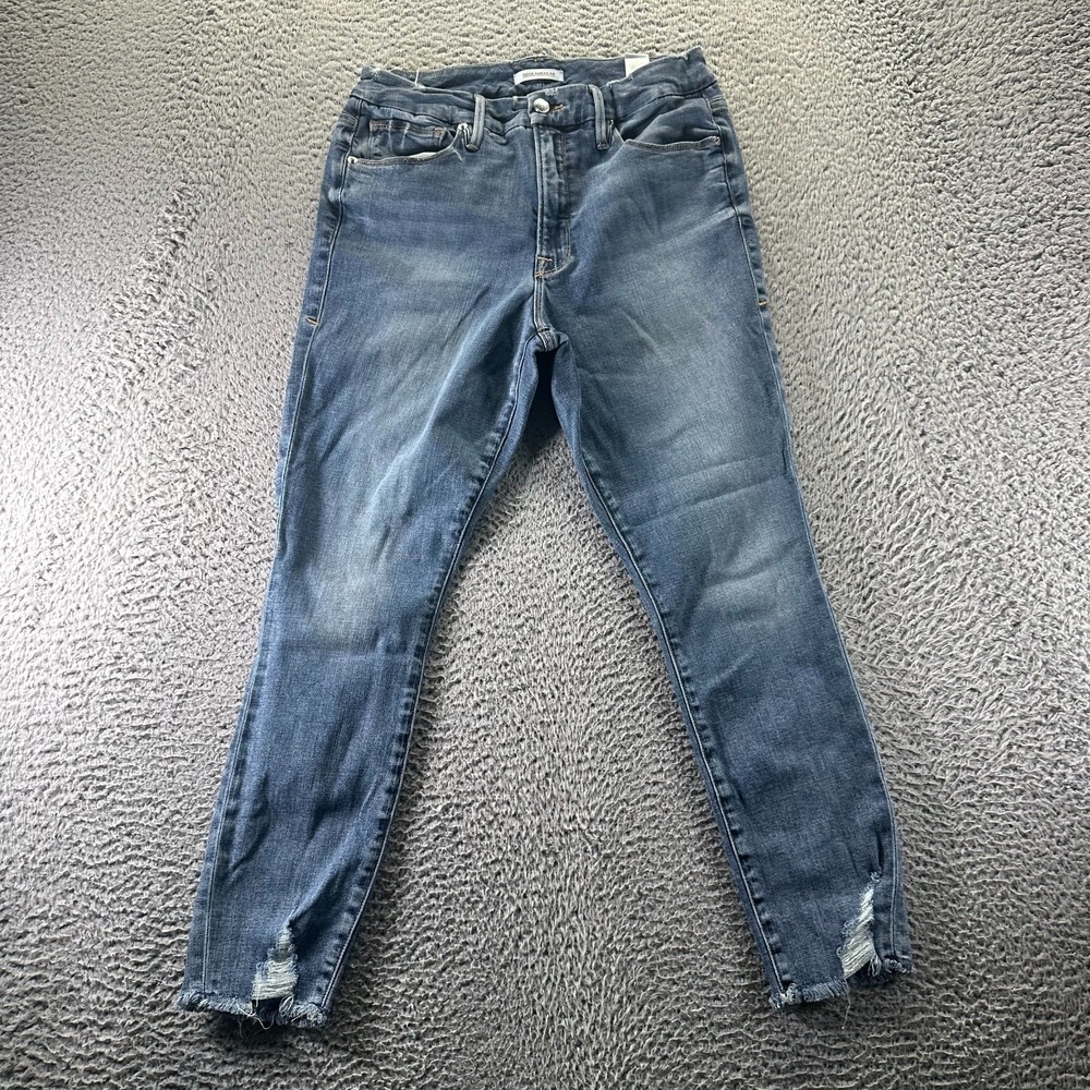 Good American Jeans Womens 27x25 Blue Cotton Denim Skinny Crop Raw-Hem Workwear